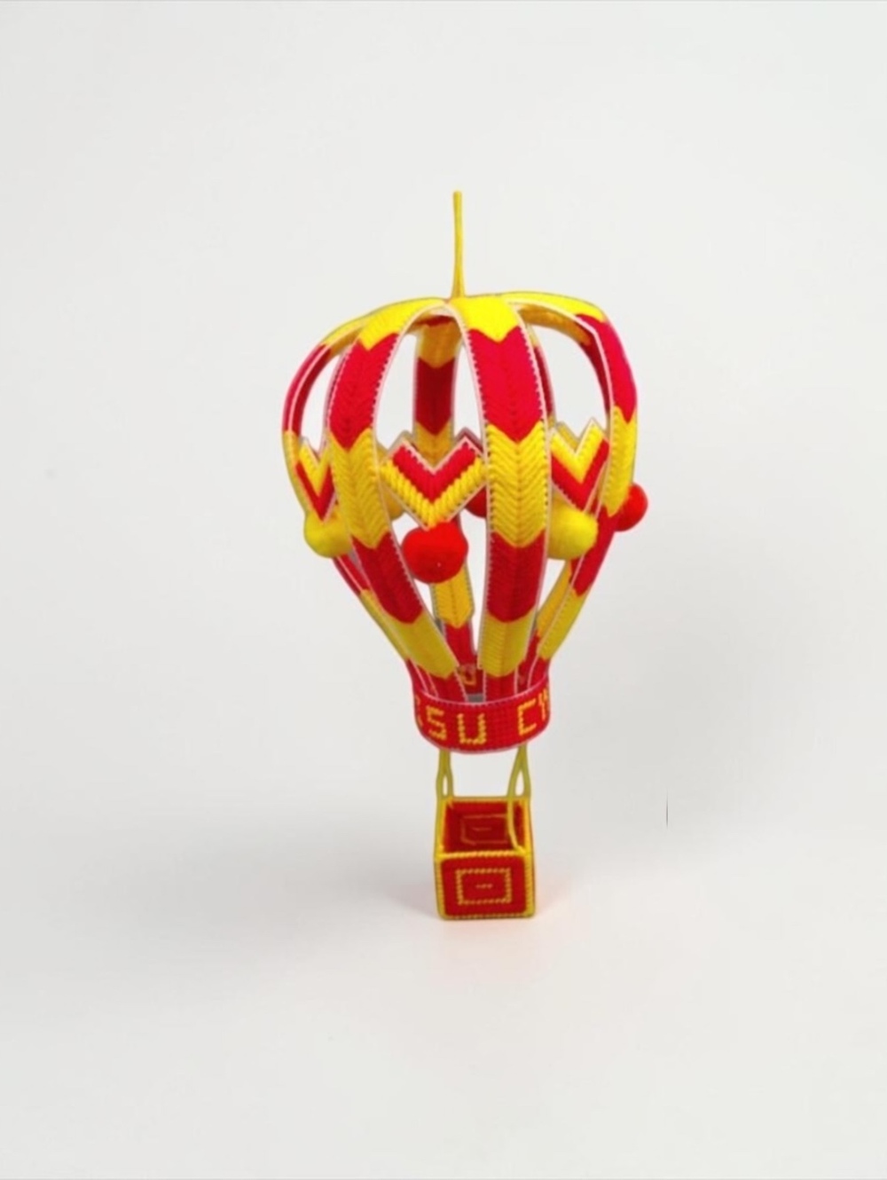 Vintage Handwoven Red and Yellow Hot Air Balloon Ornament with Pom-Poms